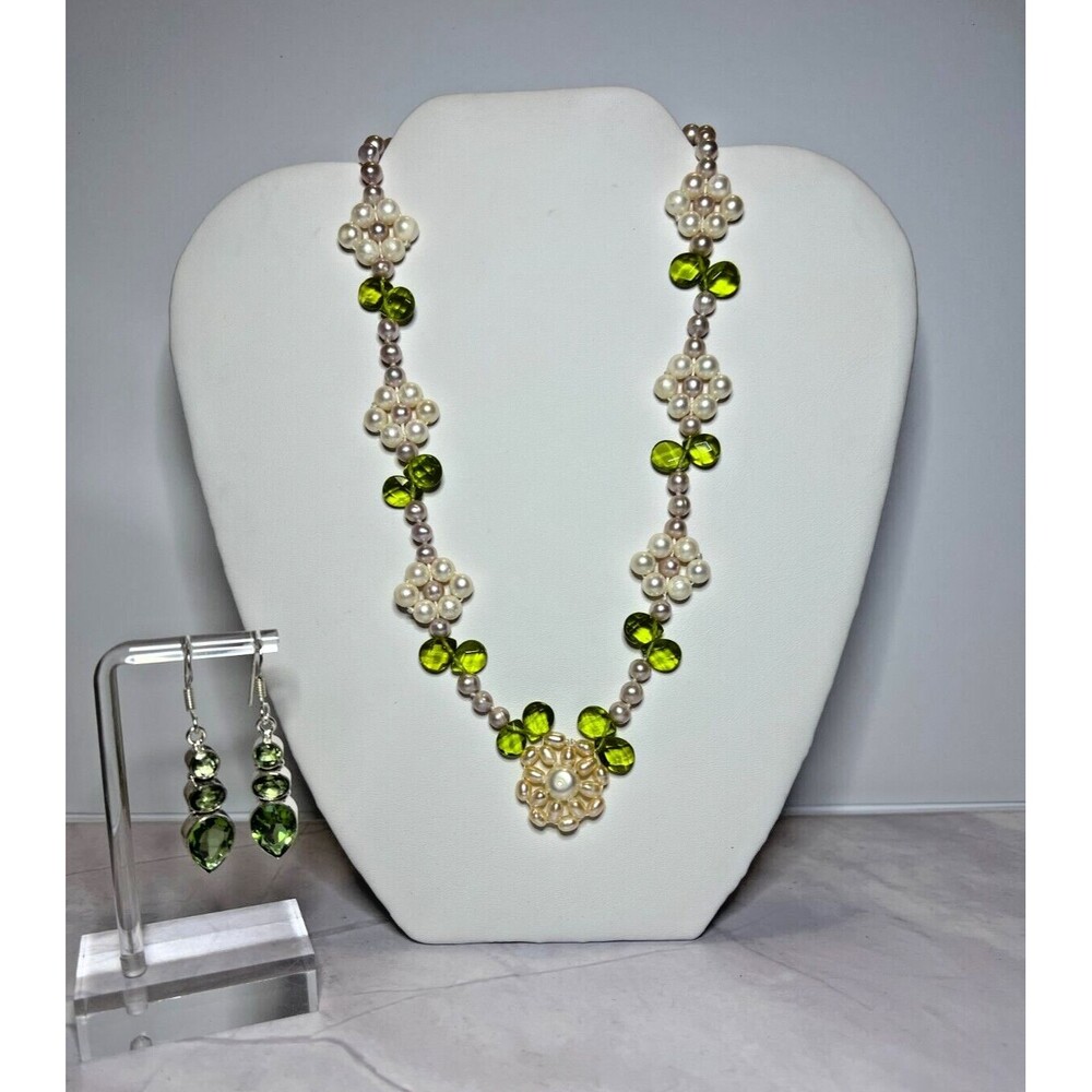 Akoya Cultured Pearl Flower/ Glass Leaf Necklace & Peridot Earring Set, (0113)